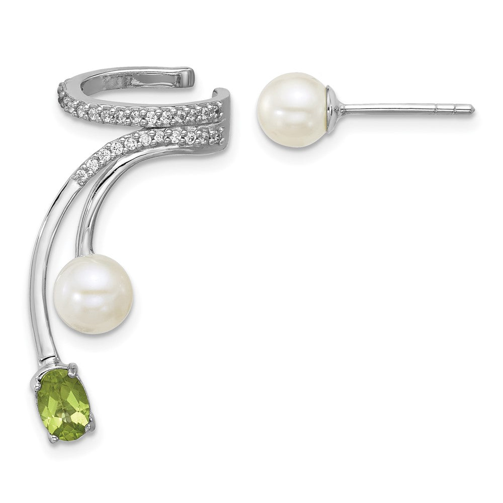 SS RH-plated CZ FWC Pearl Peridot Post and Cuff Asymmetric Earrings