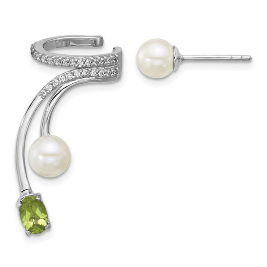 SS RH-plated CZ FWC Pearl Peridot Post and Cuff Asymmetric Earrings