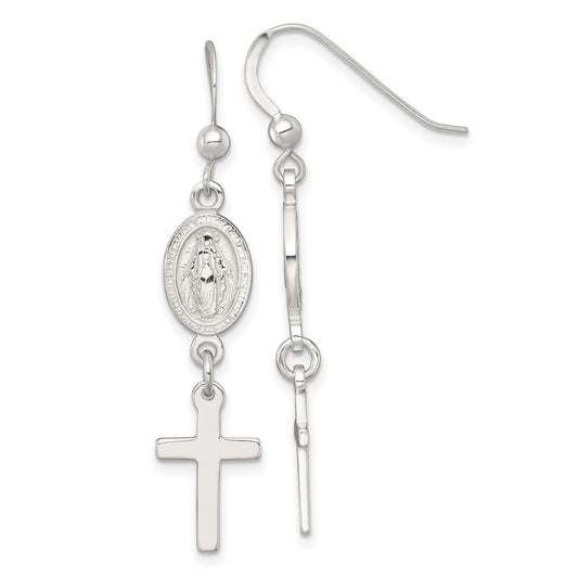Sterling Silver Polished Miraculous Medal and Cross Dangle Earrings