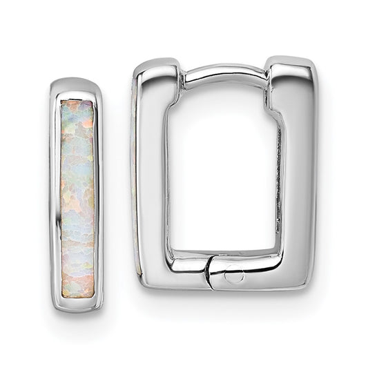 Sterling Silver Rhodium-plated Created Opal Square Hoop Earrings
