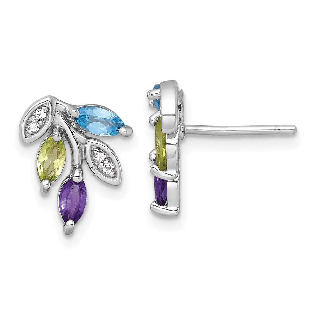 SS RH-pltd Amethyst/Blue White Topaz/Peridot Leaf Post Earrings