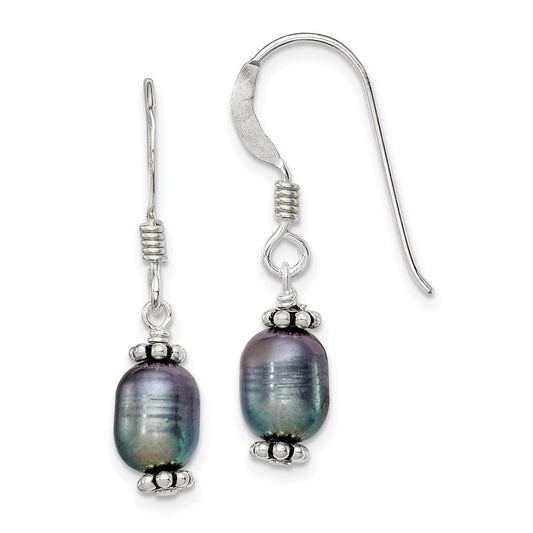 Sterling Silver Polished & Antiqued Black FWC Pearl Dangle Earrings