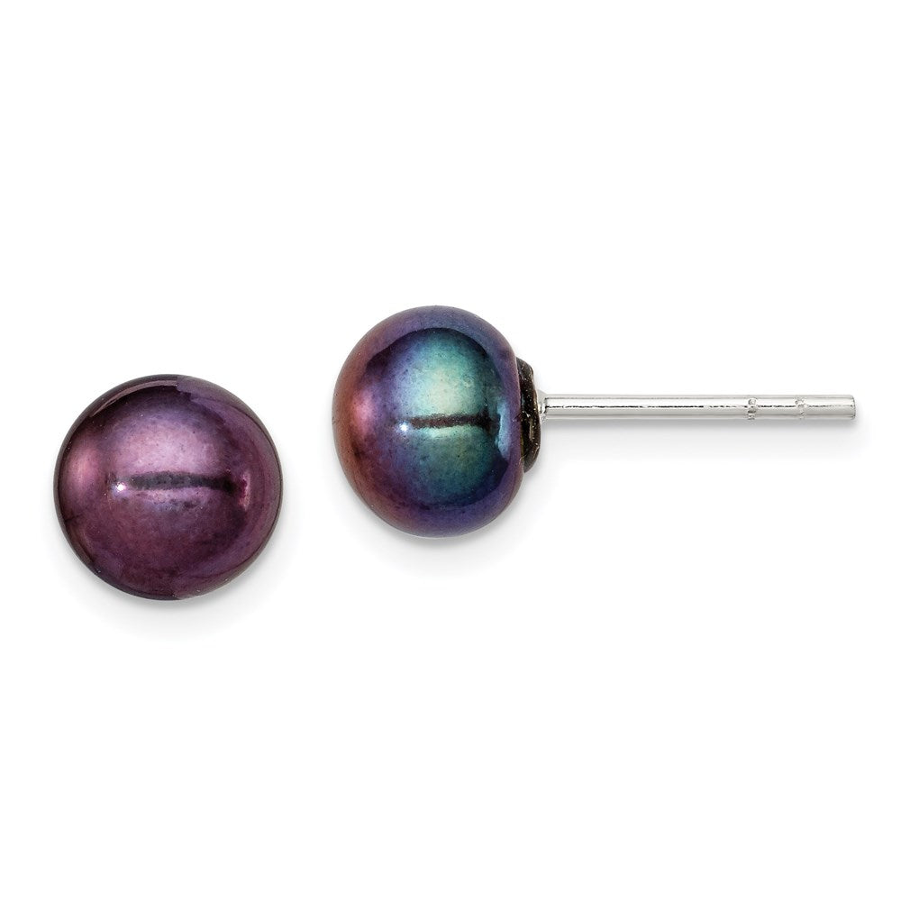Sterling Silver 7-8mm Black FW Cultured Pearl Button Post Earrings