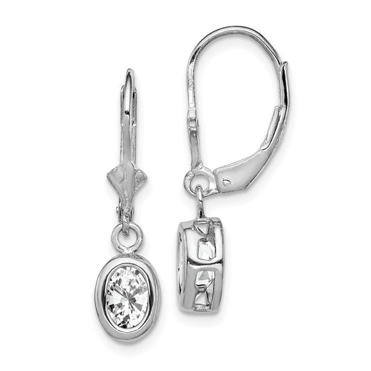 Sterling Silver Rhodium Plated 7x5mm Oval CZ Leverback Earrings