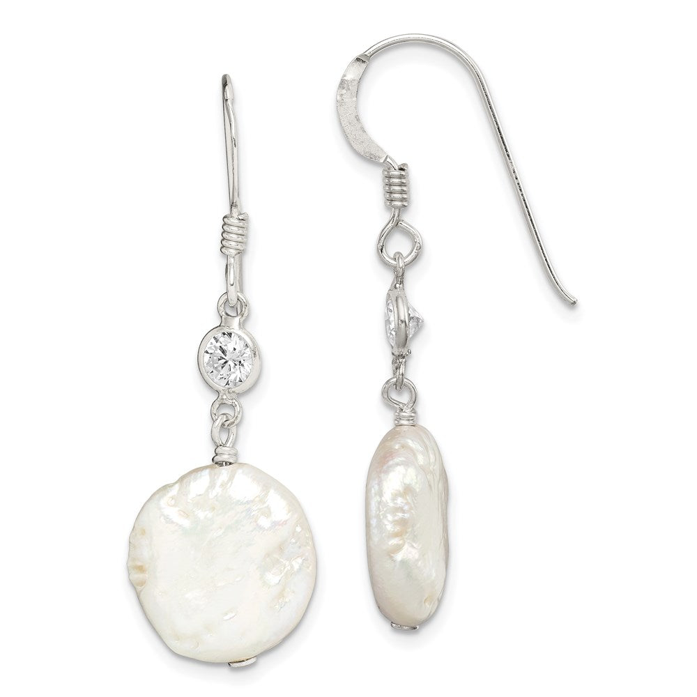 Sterling Silver Polished FW Cultured Coin Pearl & CZ Dangle Earrings