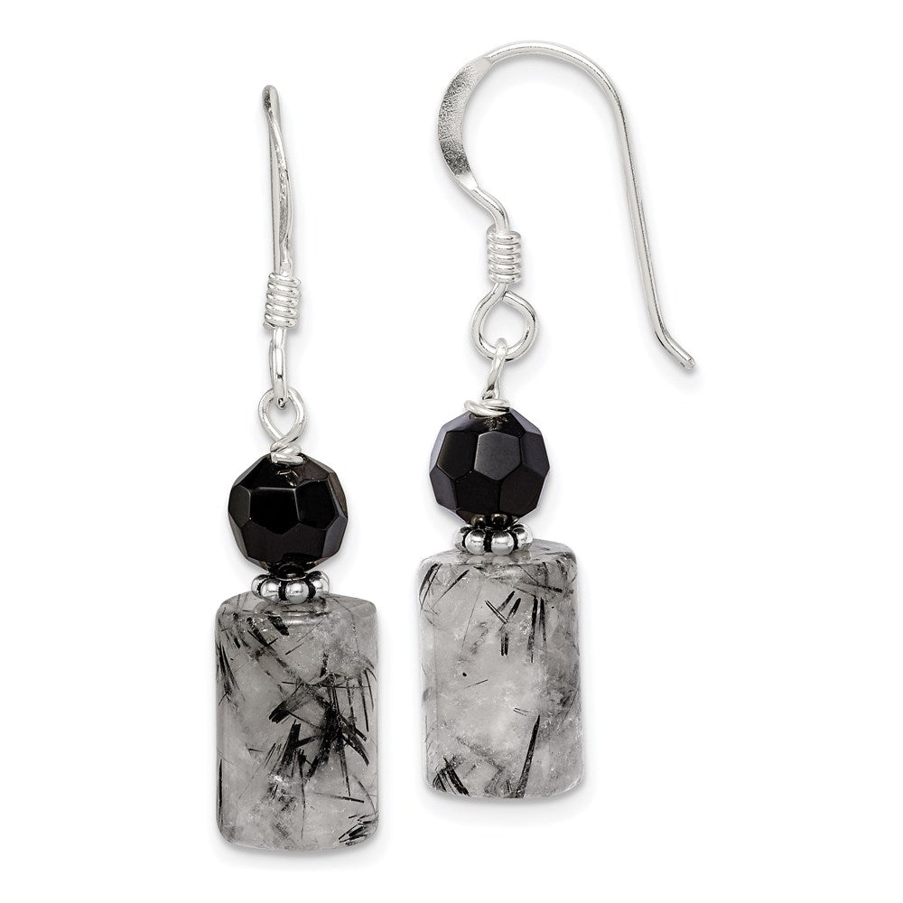 Sterling Silver Black Crystal & Tourmalinated Quartz Dangle Earrings
