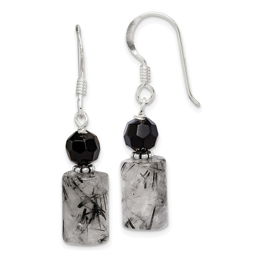 Sterling Silver Black Crystal & Tourmalinated Quartz Dangle Earrings