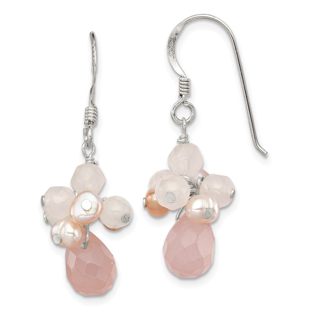 Sterling Silver Polished Pink FWC Pearl & Rose Quartz Dangle Earrings
