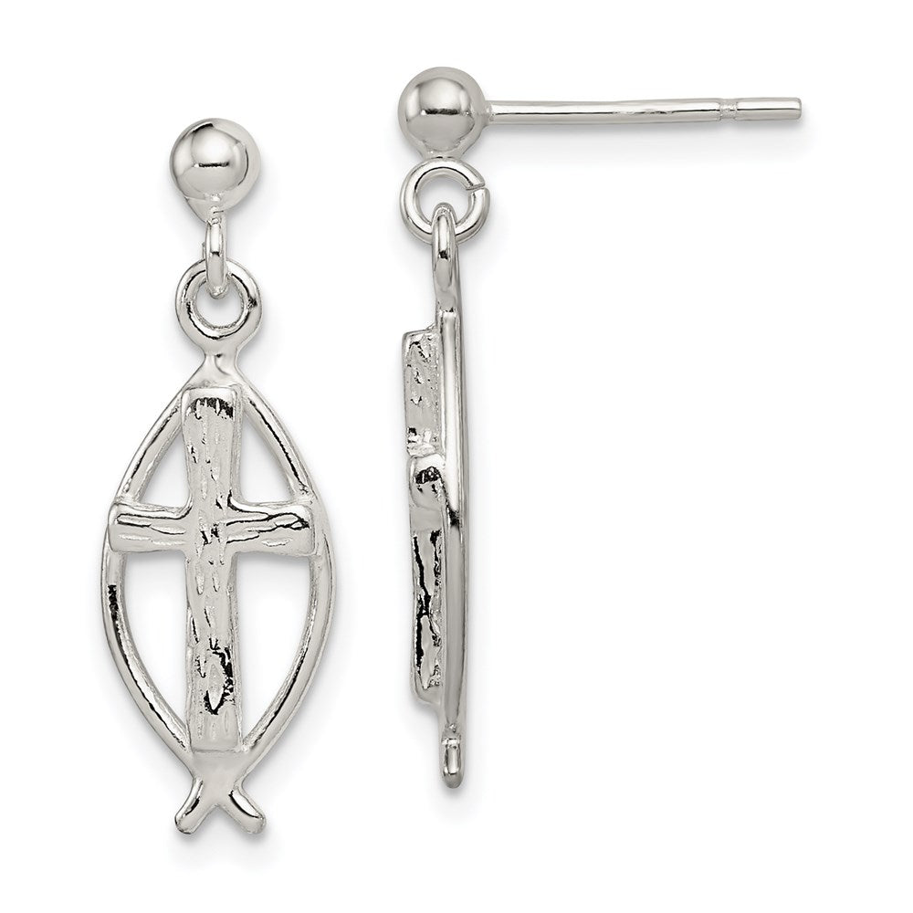 Sterling Silver Polished & Antiqued Ichthus Cross Post Dangle Earrings