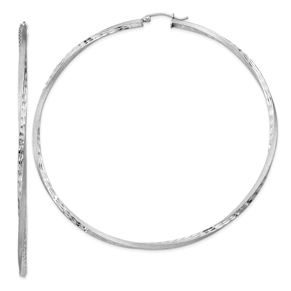 Sterling Silver RH-plated Satin Diamond-cut 2.5x80mm Twisted Hoop Earrings