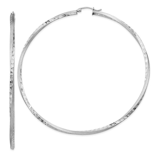 Sterling Silver RH-plated Satin Diamond-cut 2.5x80mm Twisted Hoop Earrings