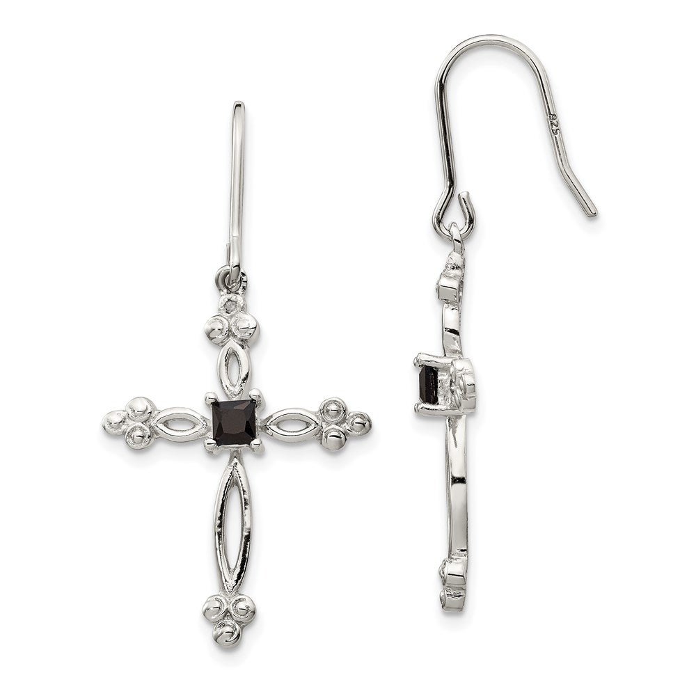 Sterling Silver RH-plated Diamond Accent & CZ Cross Dangle Earrings