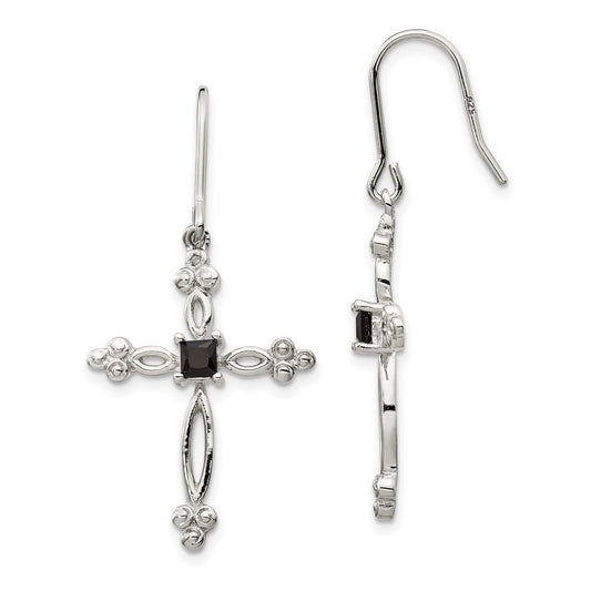 Sterling Silver RH-plated Diamond Accent & CZ Cross Dangle Earrings