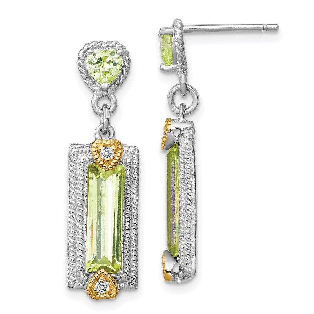 Sterling Silver Rhod-pltd w/Gold-tone Vermeil Green CZ Dangle Earrings