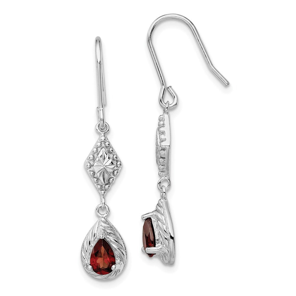 Sterling Silver RH-plated Polished D/C & Textured Red CZ Dangle Earrings