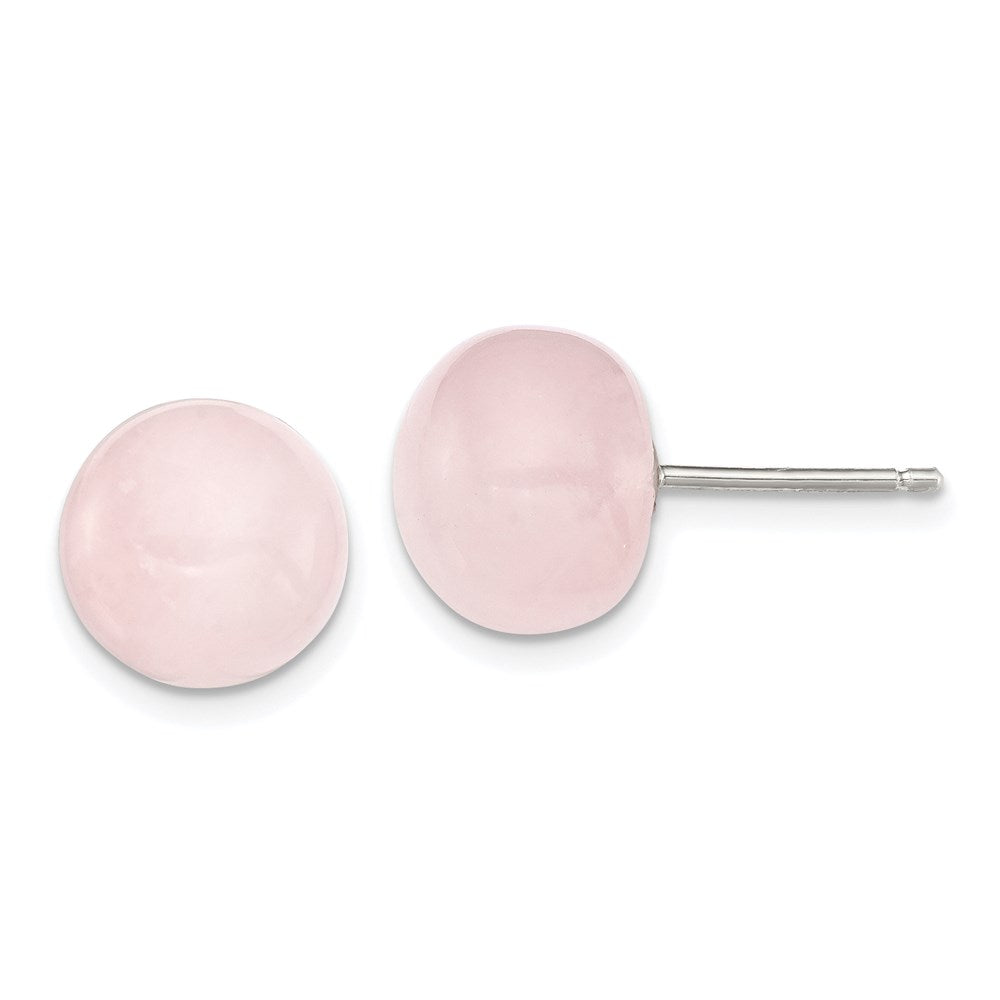 Sterling Silver Rhod-pltd 10-10.5mm Button Rose Quartz Post Earrings