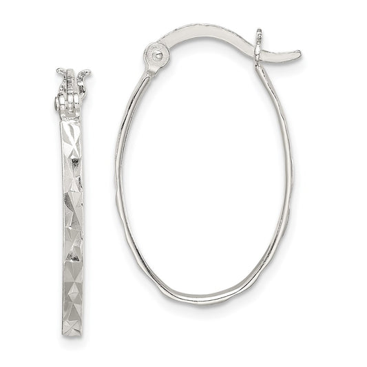 Sterling Silver Rhod-plated Polished/Textured 2mm Oval Hoop Earrings