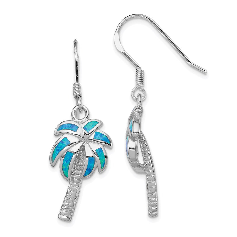 Sterling Silver Rhod-pltd Created Blue Opal Inlay Palm Tree Dangle Earrings