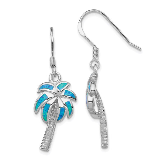 Sterling Silver Rhod-pltd Created Blue Opal Inlay Palm Tree Dangle Earrings