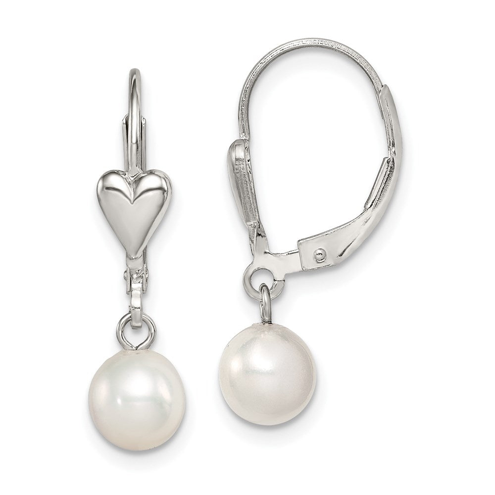 Sterling Silver RH-pltd 6-7mm FWC Pearl Heart Leverback Dangle Earrings