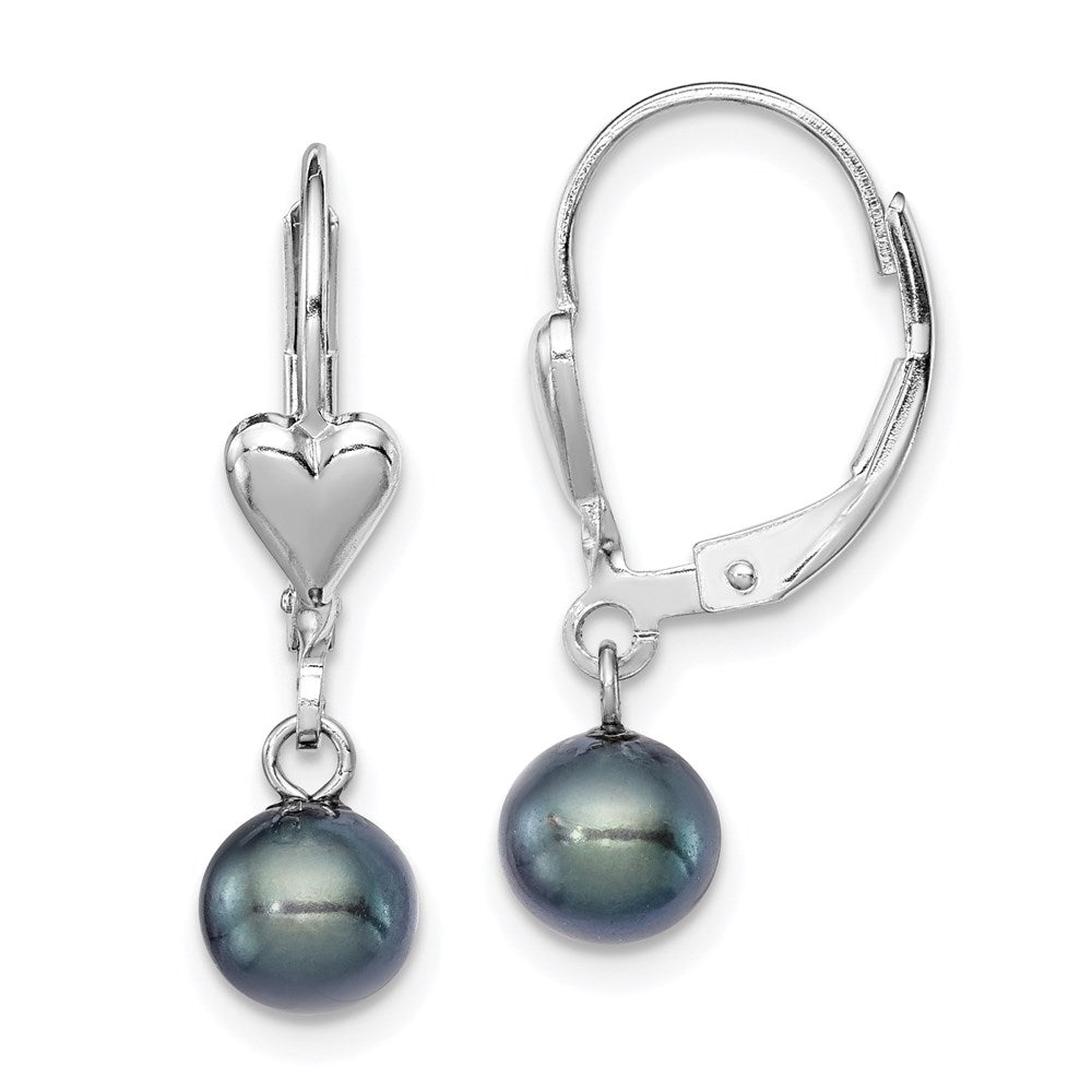 Sterling Silver RH-plated 6-7mm Black FWC Pearl Heart Leverback Earrings