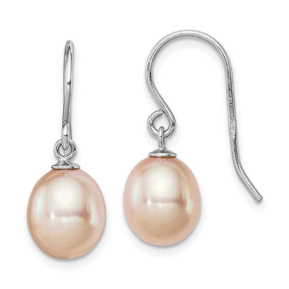 Sterling Silver RH-plated 8-9mm Pink FW Cultured Pearl Dangle Earrings