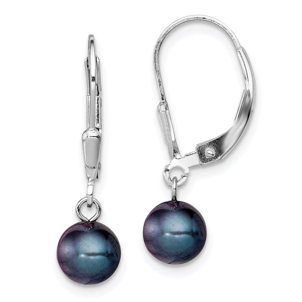 Sterling Silver Rhodium-plated 6-7mm Black FWC Pearl Leverback Earrings