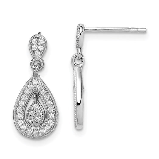 Sterling Silver Rhodium-plated CZ Pavé Pear Dangle Post Earrings