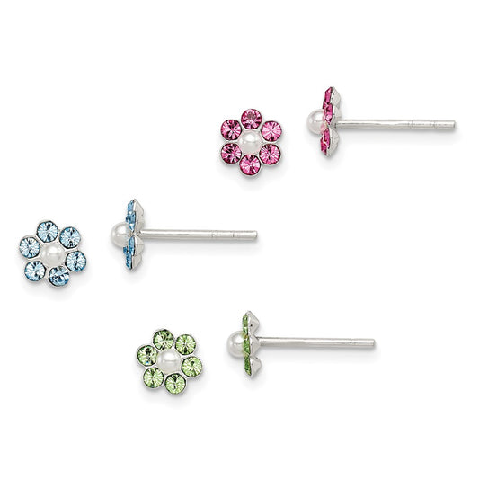 Sterling Silver Stellux Crystal & Imitation Pearl Flower Post Earring Set