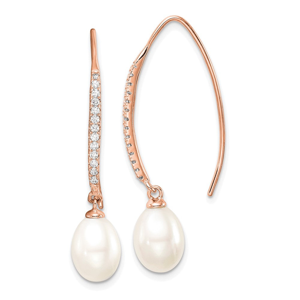 Sterling Silver Rose-tone 7-8mm FWC Pearl & CZ Threader Earrings
