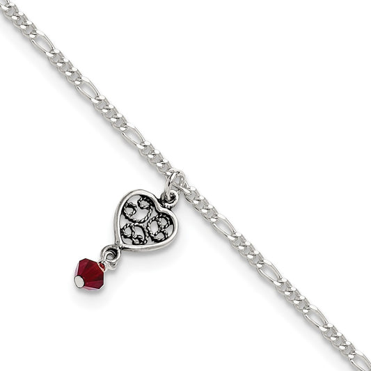 Sterling Silver Dark Pink Crystal Dangling Antiqued Heart 9 inch Anklet