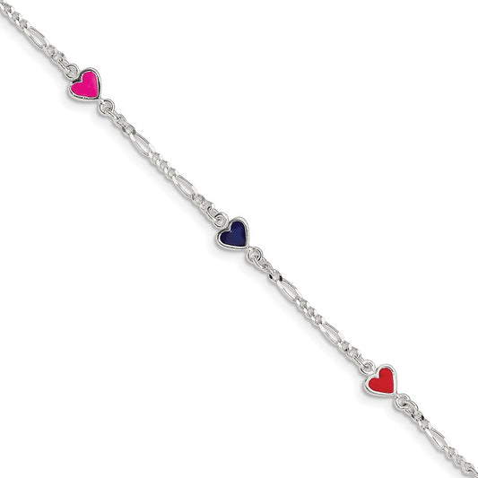Sterling Silver Multi-color Enameled Hearts w/ 1in ext Children's Bracelet
