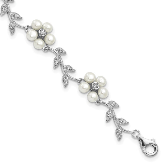 Sterling Silver Rhodium-plated FW Cultured Pearl and CZ Floral Bracelet