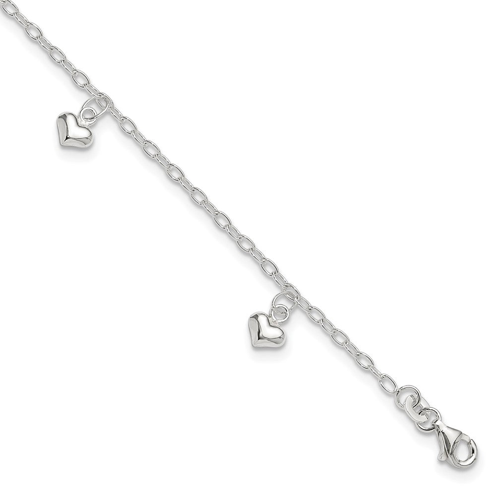 Sterling Silver Polished Puffed Heart 10in Plus 1in ext Anklet