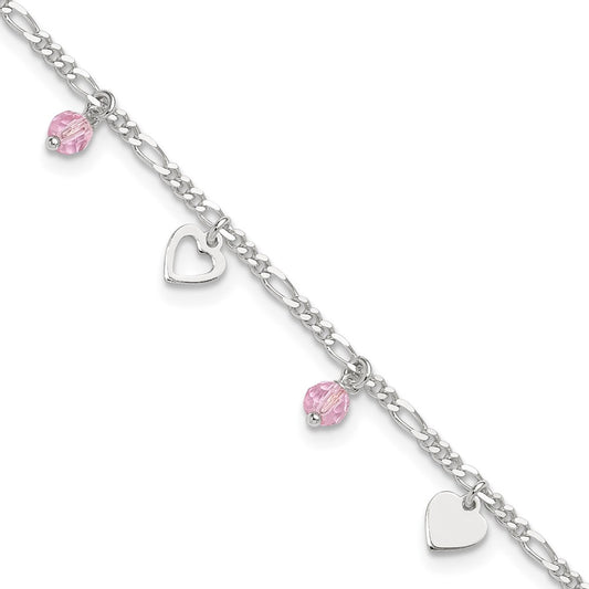 Sterling Silver Pink Glass Beads and Polished Hearts 1in w/ext. Anklet