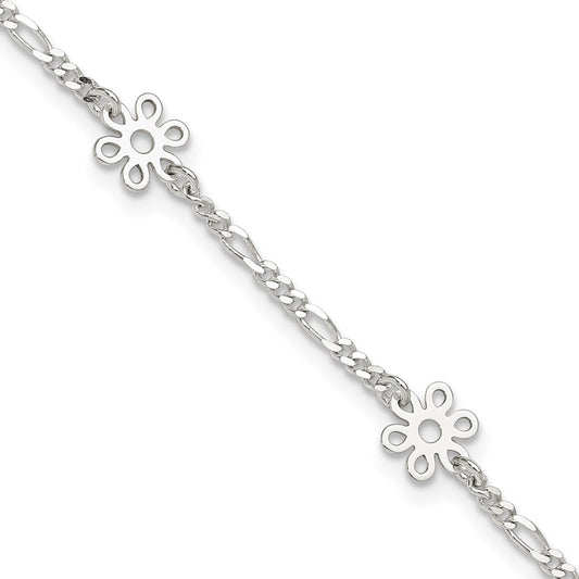 Sterling Silver Polished Flower 9in Plus 1in Ext. Anklet