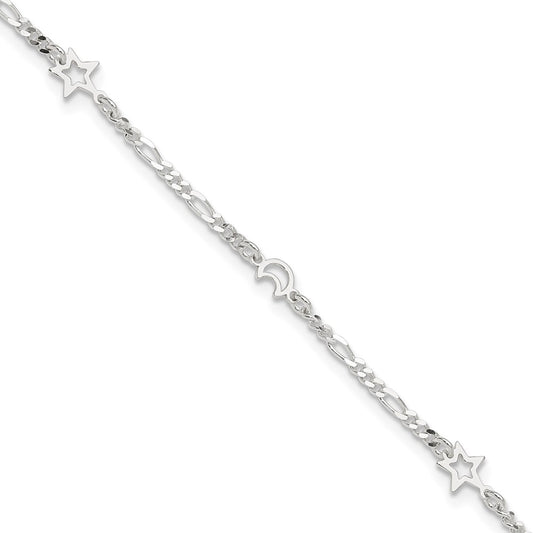 Sterling Silver Polished Moon and Star 9in Plus 1in Ext. Anklet