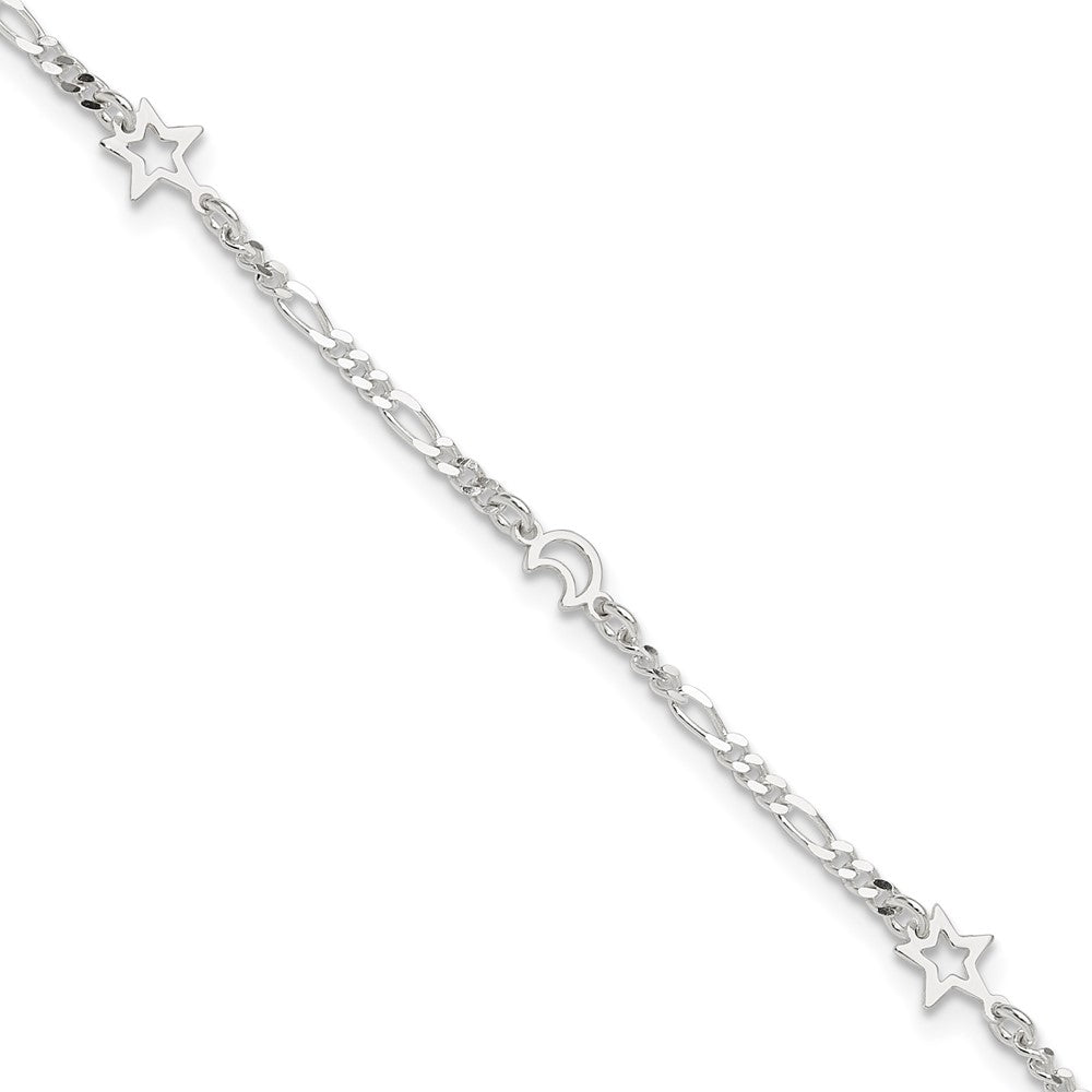 Sterling Silver Polished Moon and Star 10in Plus 1in Ext. Anklet