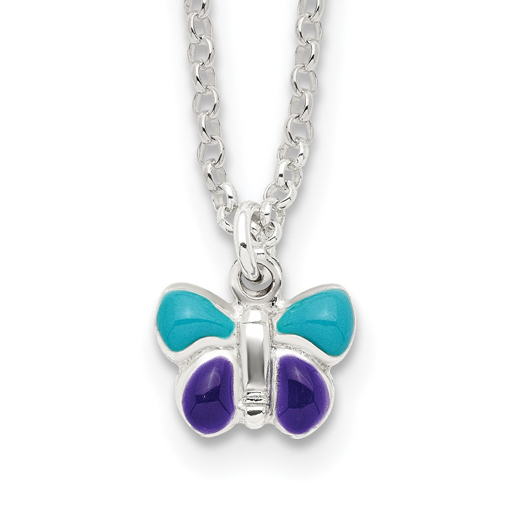 Sterling Silver Polished Enameled Butterfly w/1.5in ext Children's Necklace