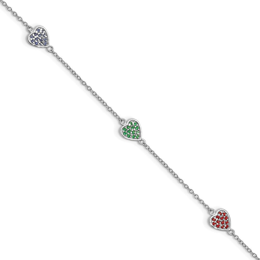 Sterling Silver RH-plt Red/Green/Blue Glass Heart w/ 1in ext. Bracelet