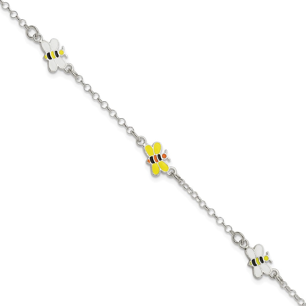 Sterling Silver Polished & Enameled Bees 5in +1in ext. Children's Bracelet