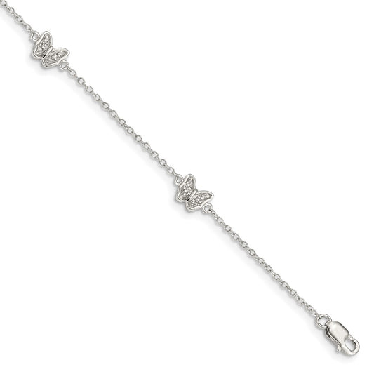 Sterling Silver RH-pltd Polished CZ Butterfly w/1in ext. Children's Bracele