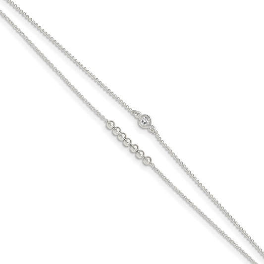 Sterling Silver 2-Strand Beaded CZ 9in Plus 1in Ext. Anklet