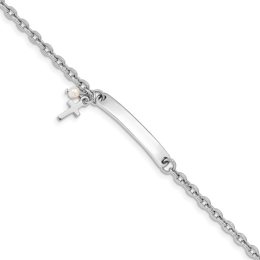 Sterling Silver RH-plated Cross Syn Pearl 6in Plus1in Ext. ID Bracelet