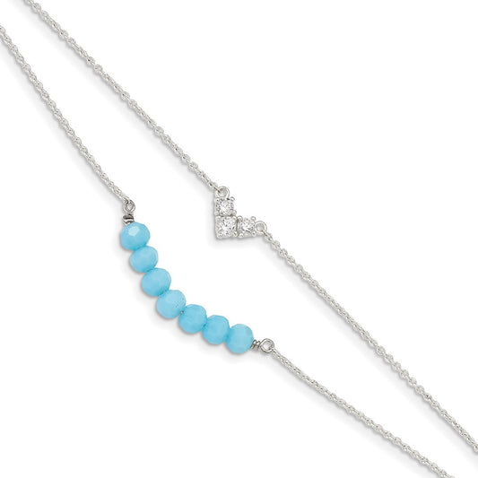 Sterling Silver CZ and Blue Glass Beads w/ 1in ext. Bracelet