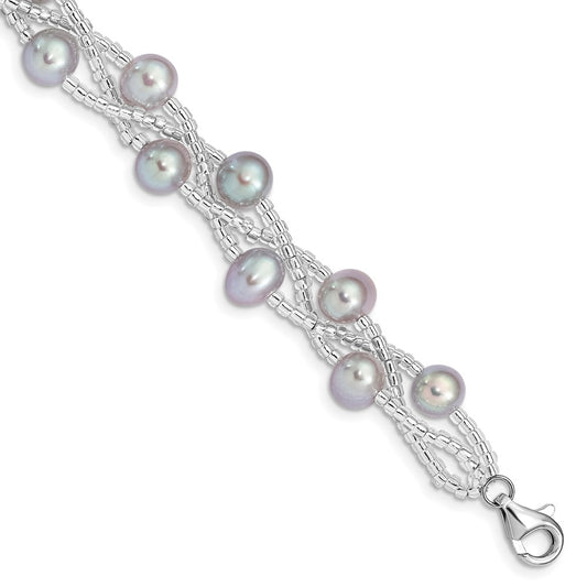 Sterling Silver Rhd-plt 7-9mm Grey FWC Pearl Glass Bead Bracelet