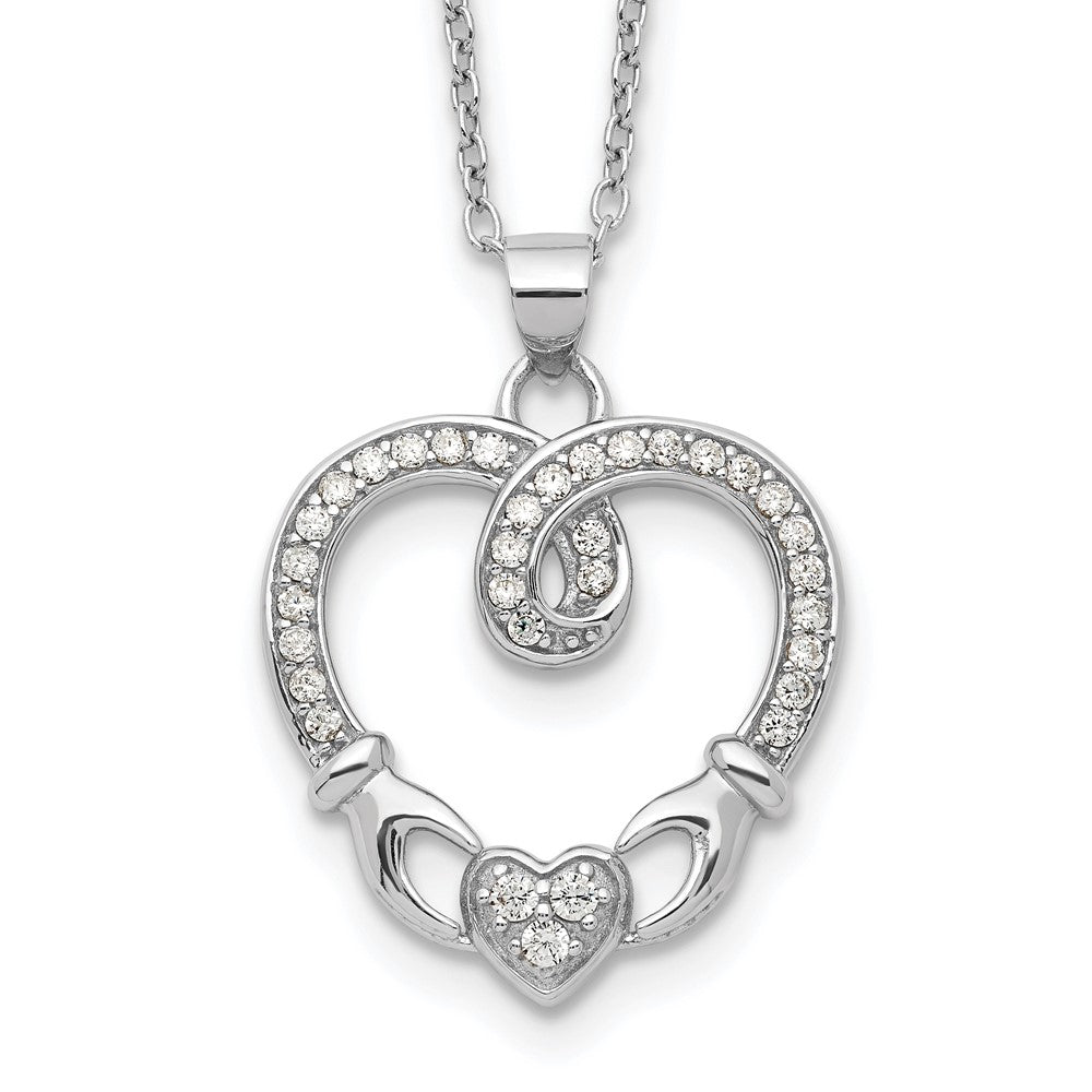 Sterling Silver Rhod-plated Claddagh Heart CZ W/ 1 in ext.Necklace