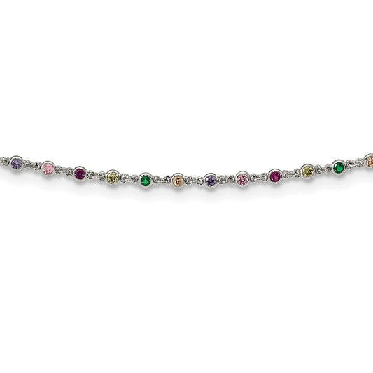 Sterling Silver Rhodium-plated Polished Multi-color CZ w/3 IN EXT Choker