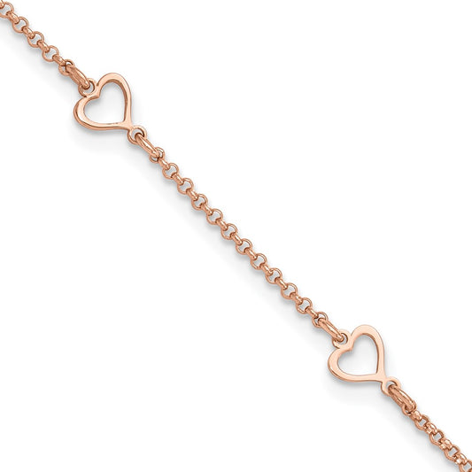 Sterling Silver Rose-tone Hearts 9in Plus 1in ext Anklet