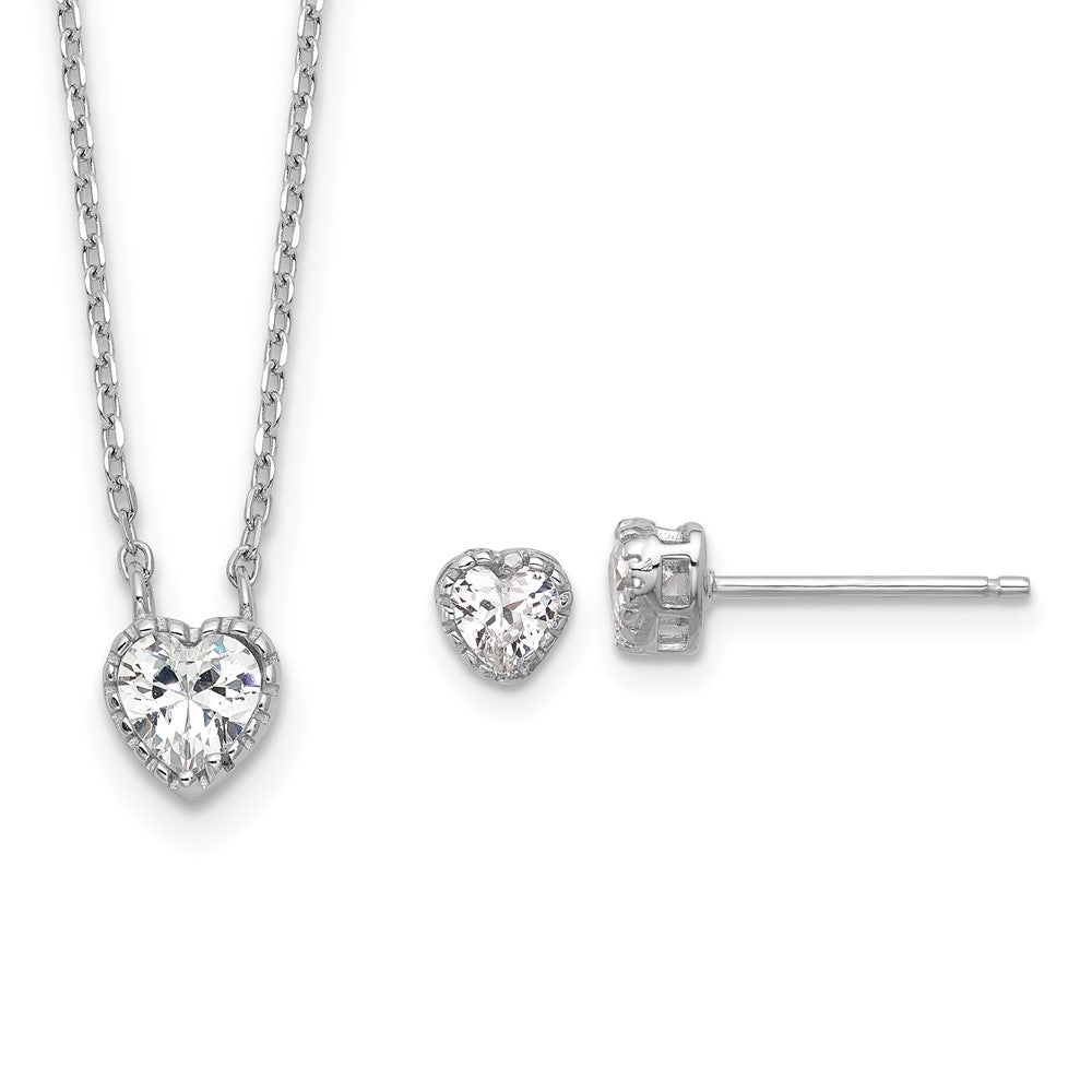 Sterling Silver RH-plated CZ Heart 13in w/2in ext Necklace/Post Earring Set